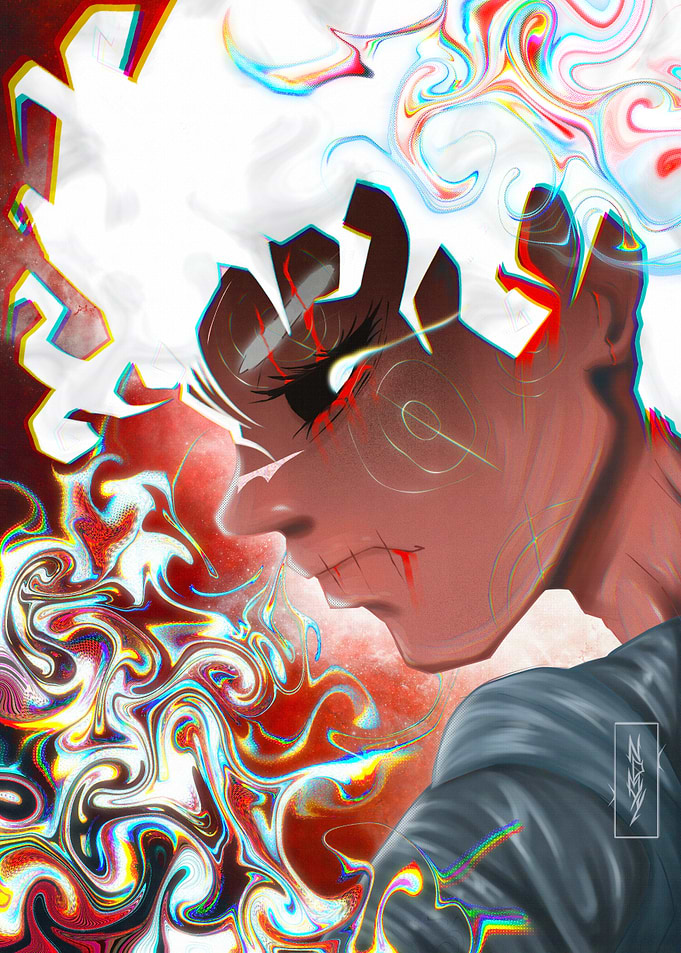 Anime Character with Fiery Red Aura