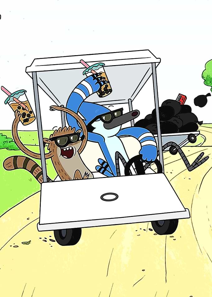 Mordecai and Rigby in a golf cart