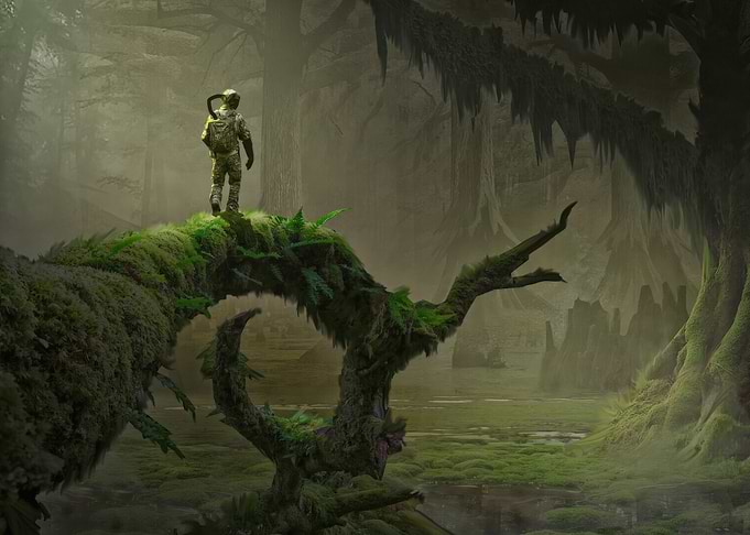 Astronaut in a Mossy Swamp Forest