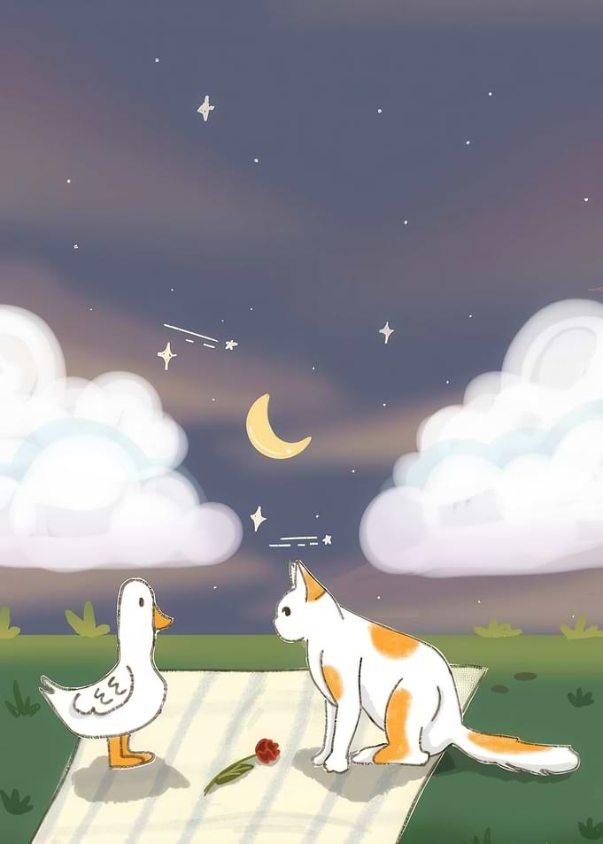 Cute Cat and Duck Under the Night Sky