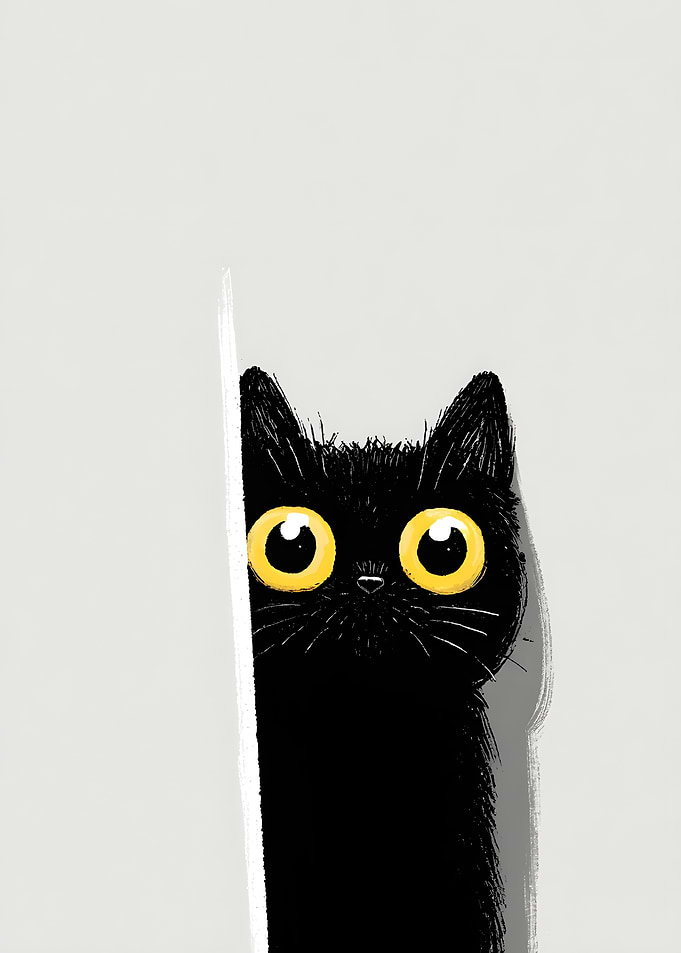 Peeking Black Cat with Big Yellow Eyes