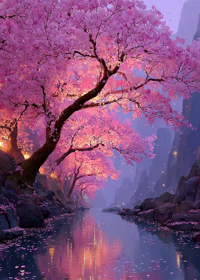 Enchanting Cherry Blossom River Scene