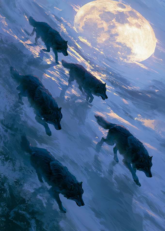 Wolves running under the moon
