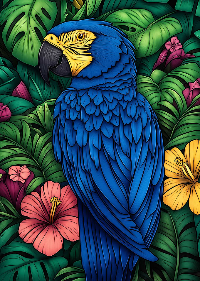 Blue Macaw in Tropical Foliage