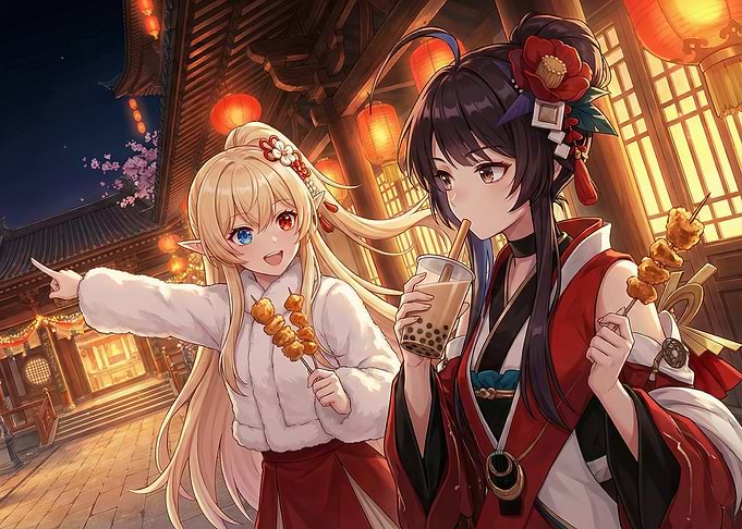 Anime girls enjoying street food at night