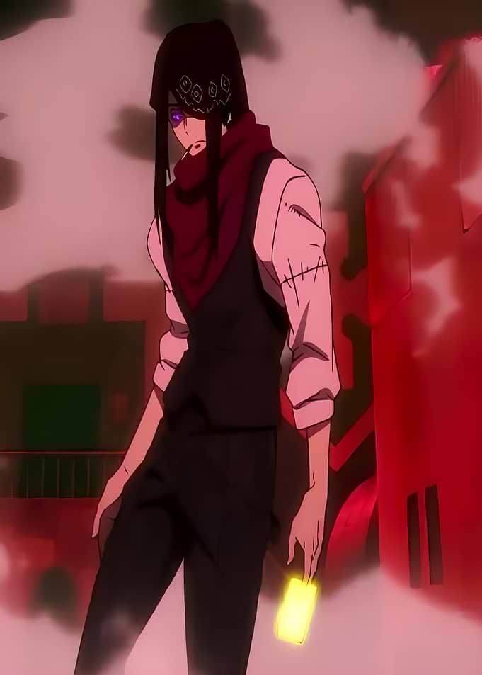 Anime character with purple eyes and red scarf