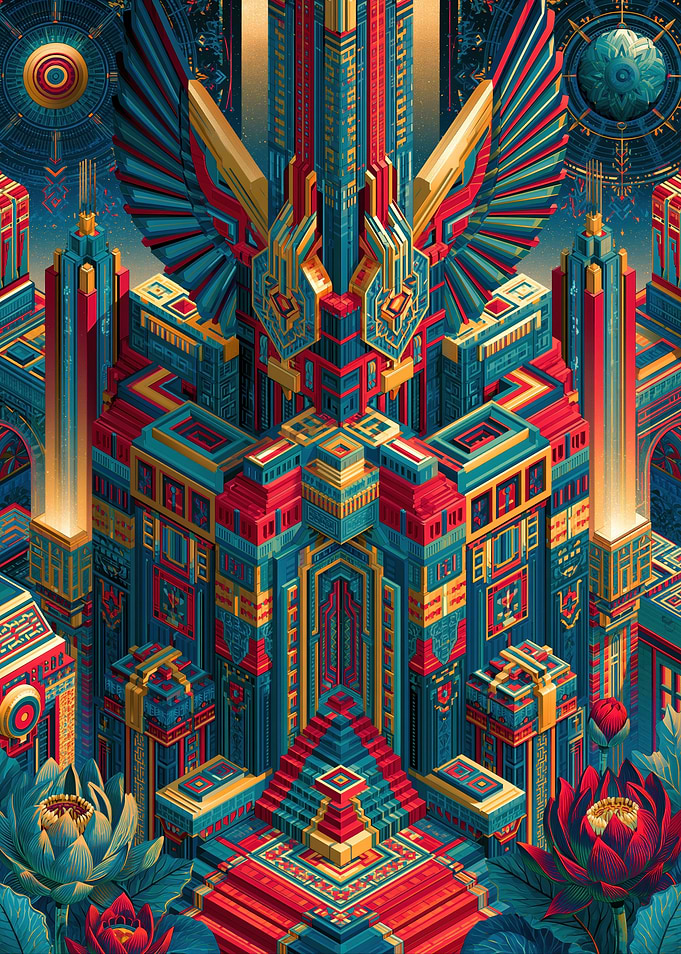 Futuristic Art Deco Cityscape with Lotus Flowers