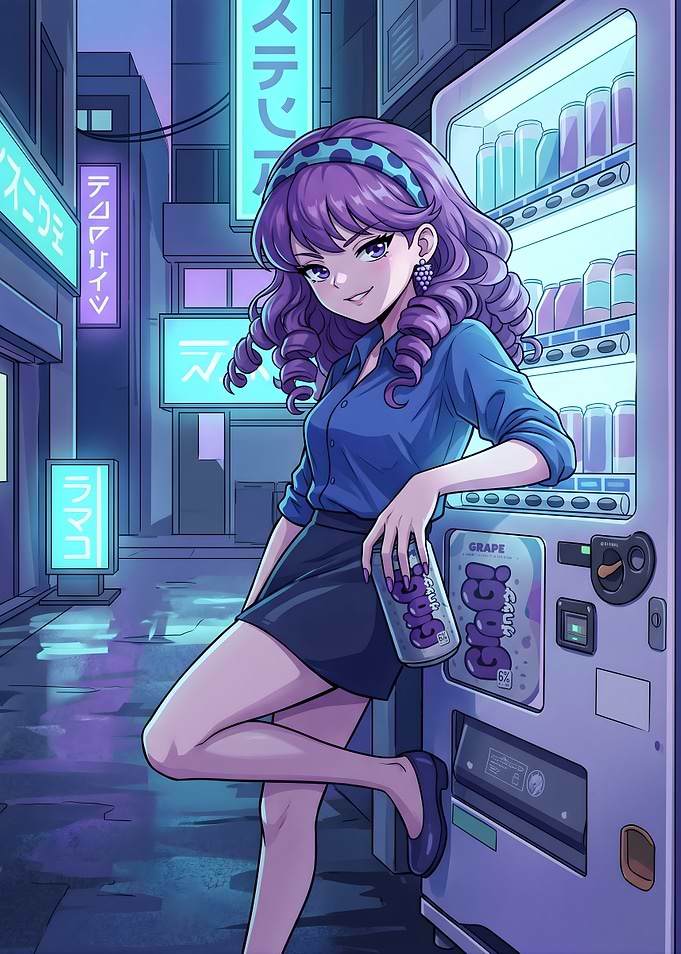 Anime Girl with Grape Drink in Neon City