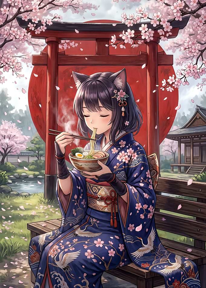 Anime Cat Girl Eating Ramen in Japan Landscape