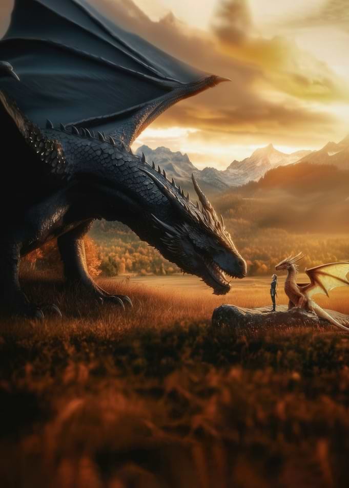 Dragons and a person in a fantasy landscape