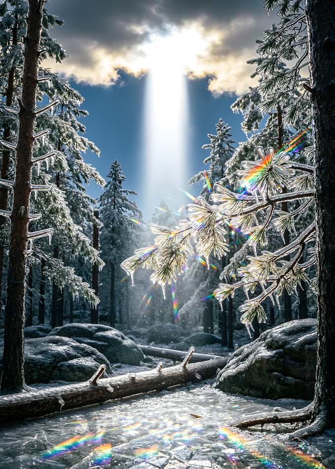 Winter Forest with Sunbeam and Rainbow