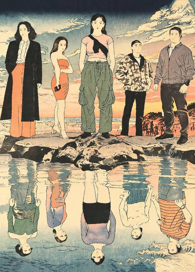 Group of people reflected in water