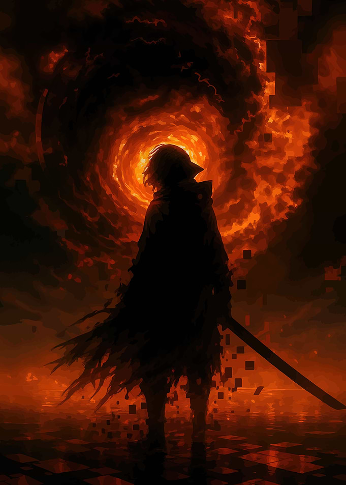 Silhouette Warrior in Fiery Vortex