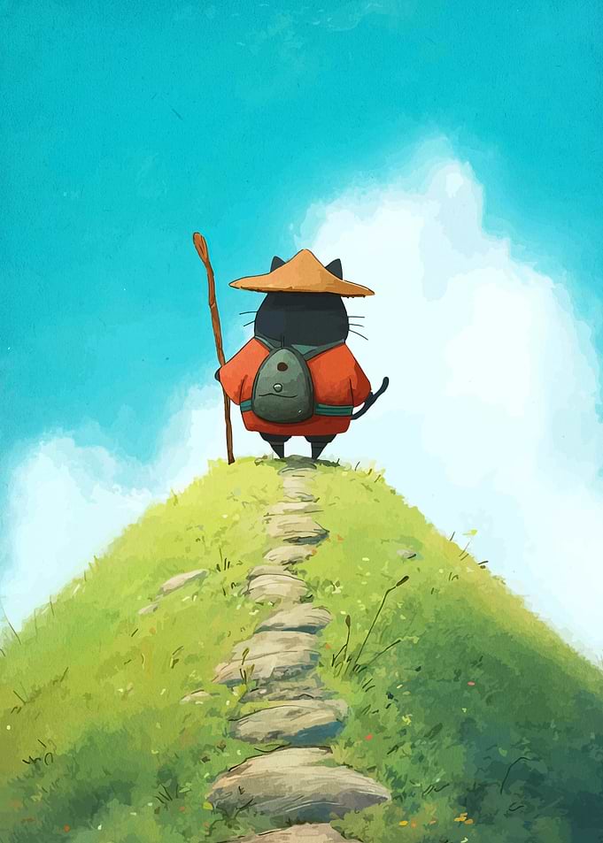 Black cat traveler on a grassy hill
