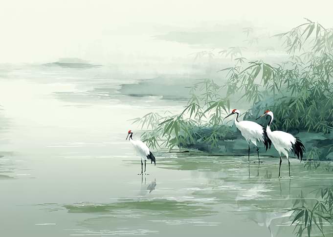 Cranes by a Bamboo Grove