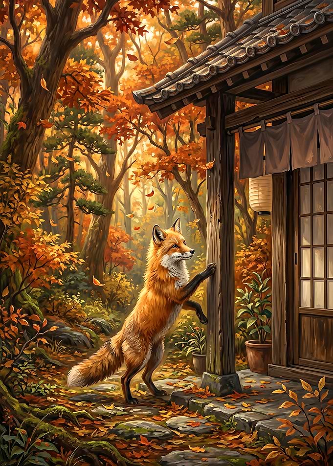 Fox Scratching Wood by Japanese House in Autumn Forest