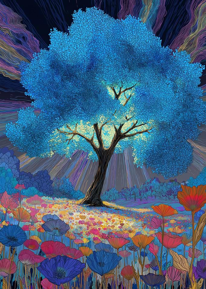 Enchanted Blue Tree in a Poppy Field