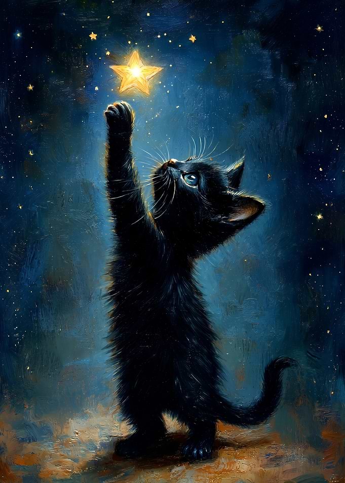 Black kitten reaching for a star