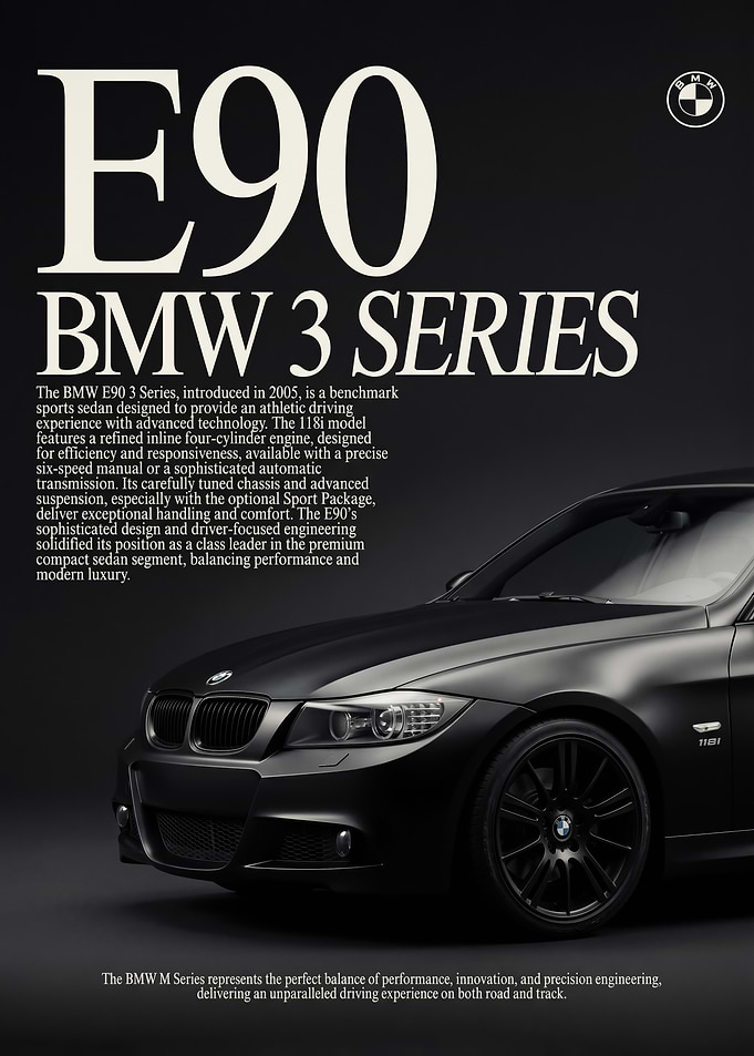 close up sleek black BMW E90 3 Series Sedan poster