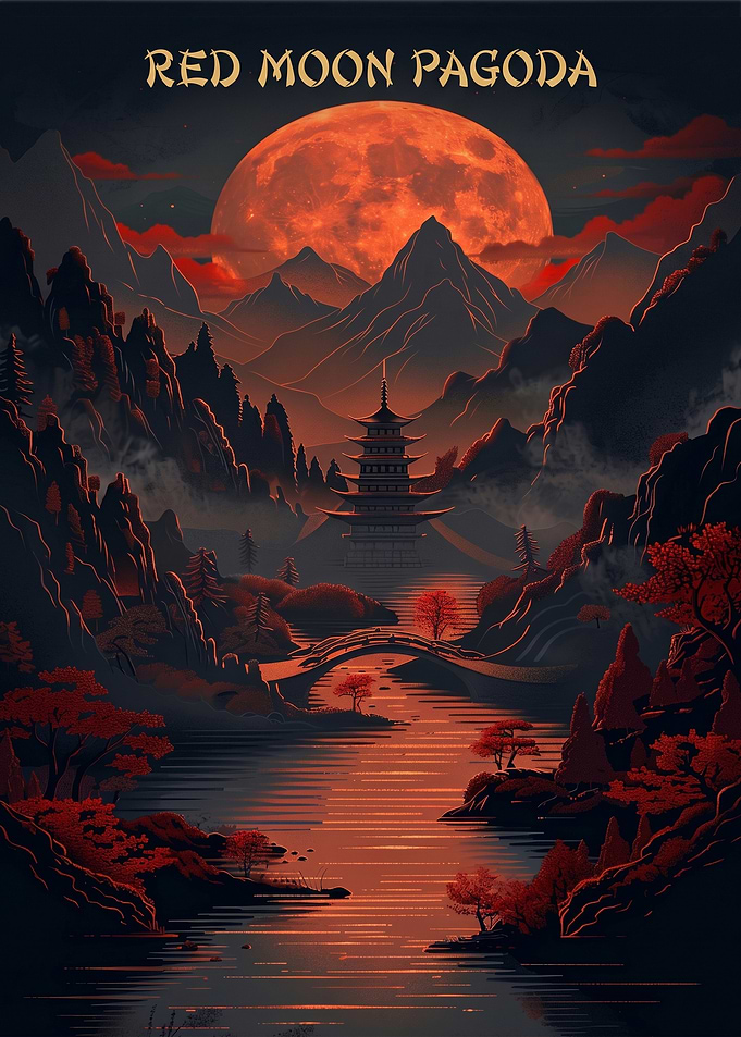 Red Moon Pagoda Landscape