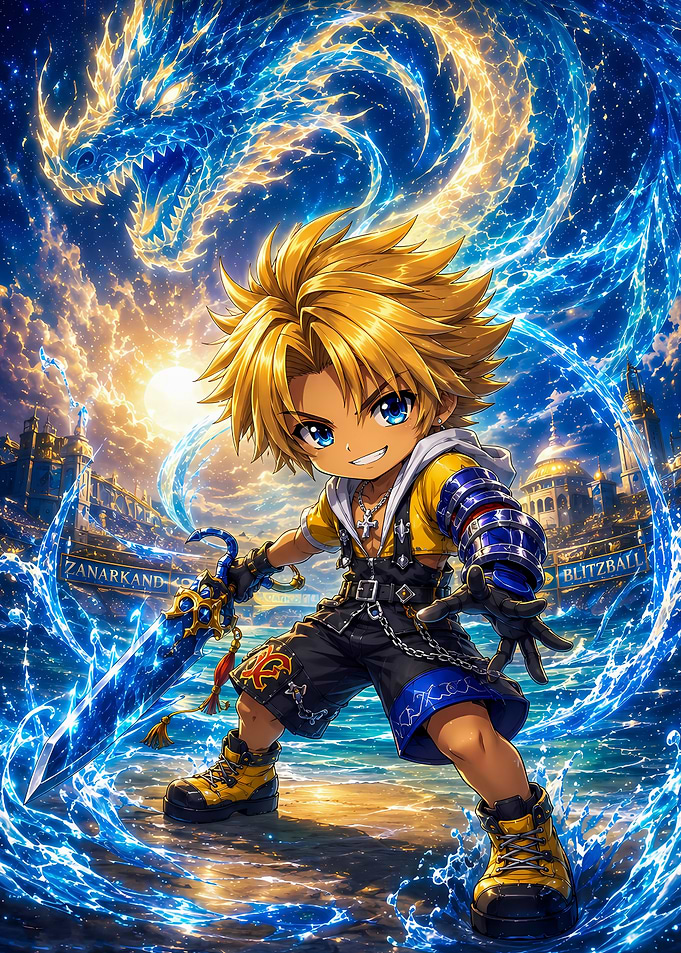 Tidus and Bahamut in Zanarkand