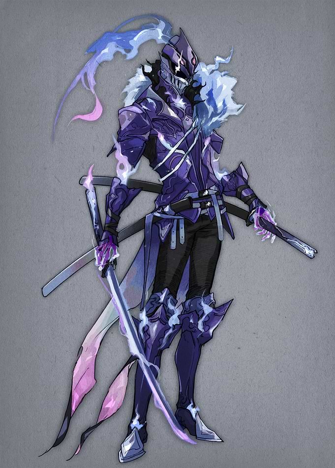 Anime Knight with Purple Armor and Swords