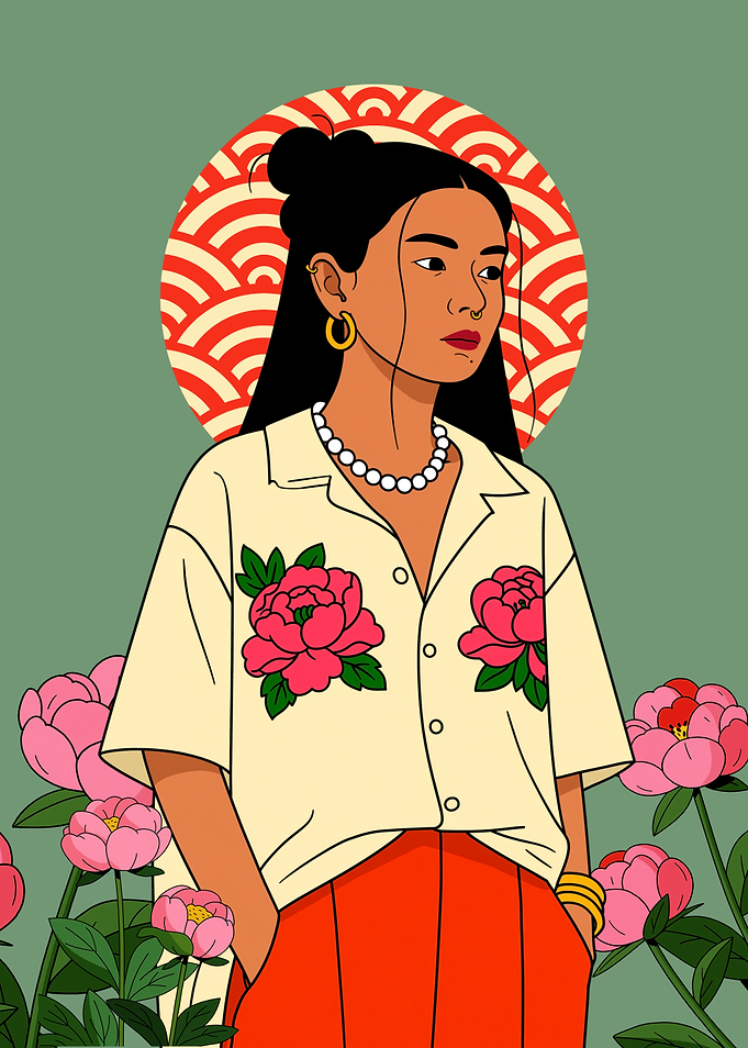 Woman with Flowers and Japanese Sun