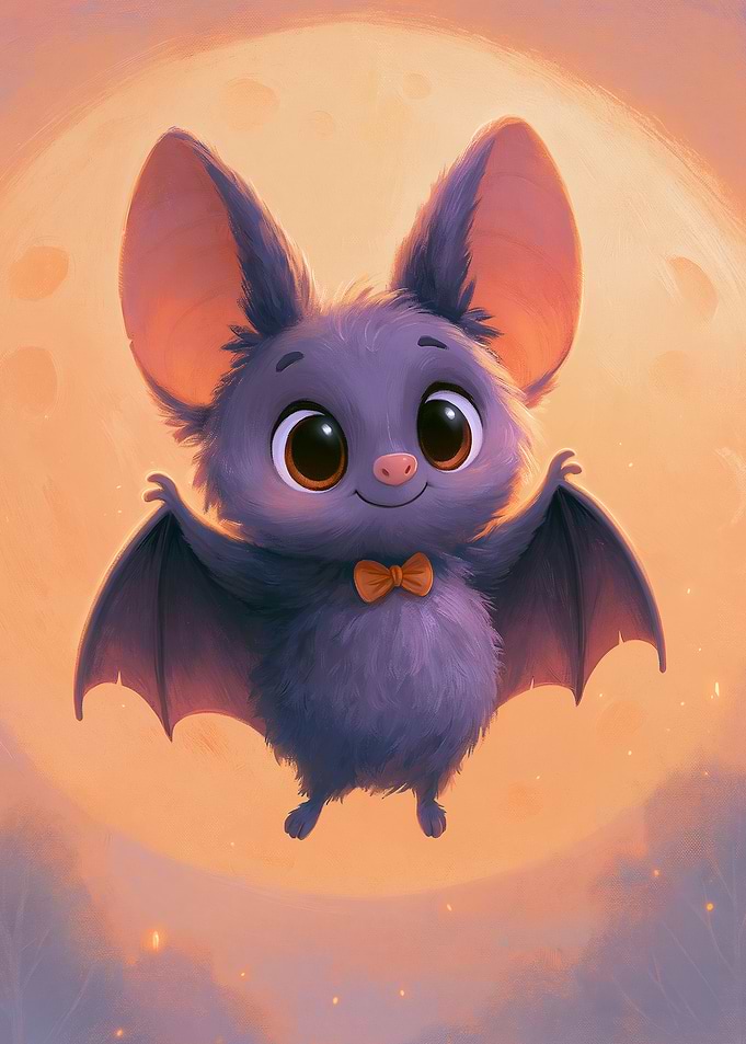 Cute Baby Bat with Bowtie under Full Moon