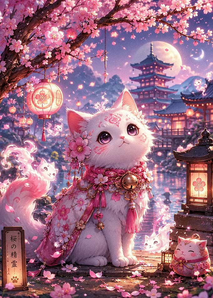 Cute Cat in Cherry Blossom Garden