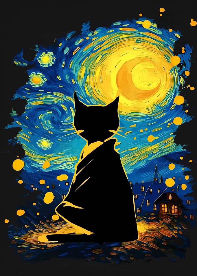 Black Cat Under Starry Night Sky