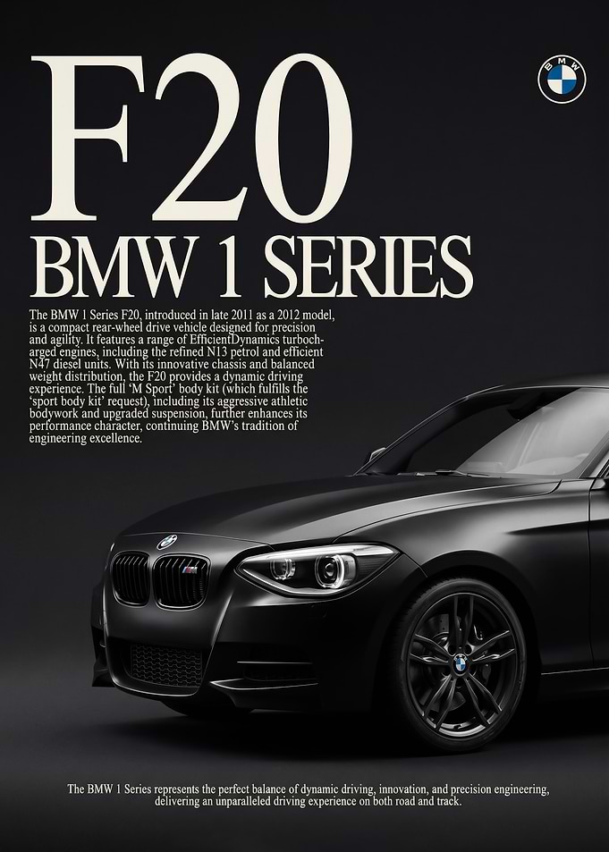 close up sleek BMW 1 Series F20 black car poster