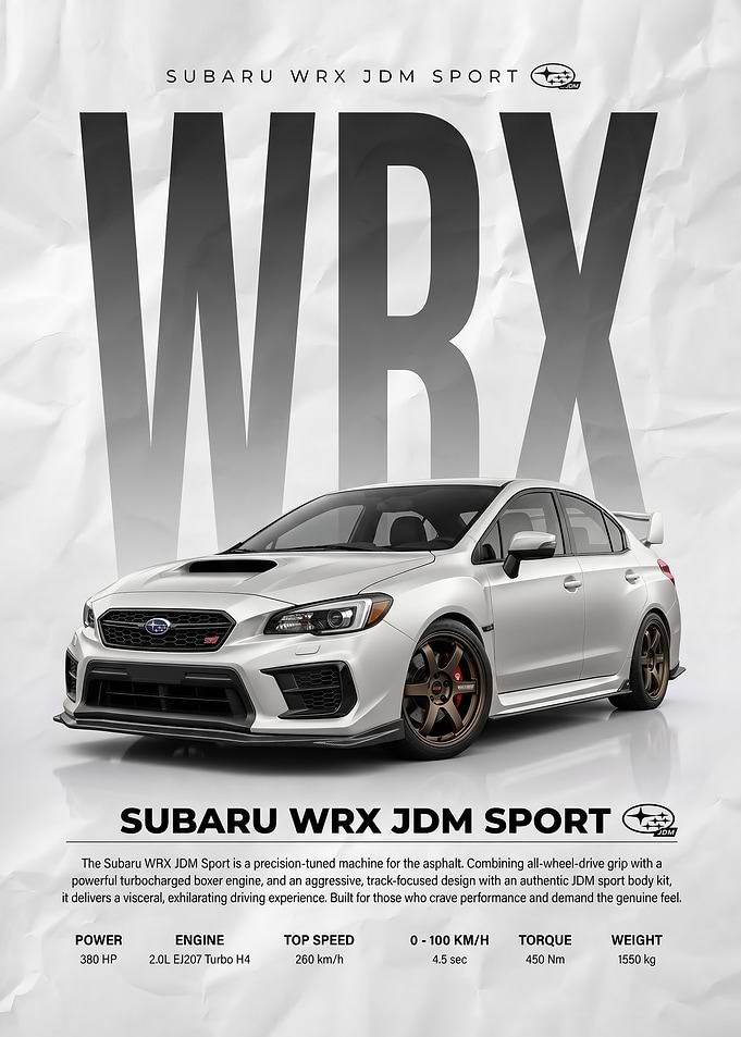 sleek white Subaru WRX JDM Sport Car Poster