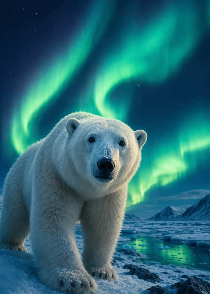 Polar Bear Under Aurora Borealis