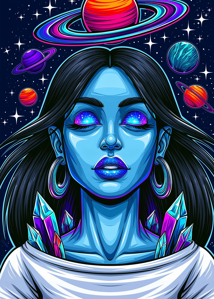Cosmic Woman with Planets and Crystals