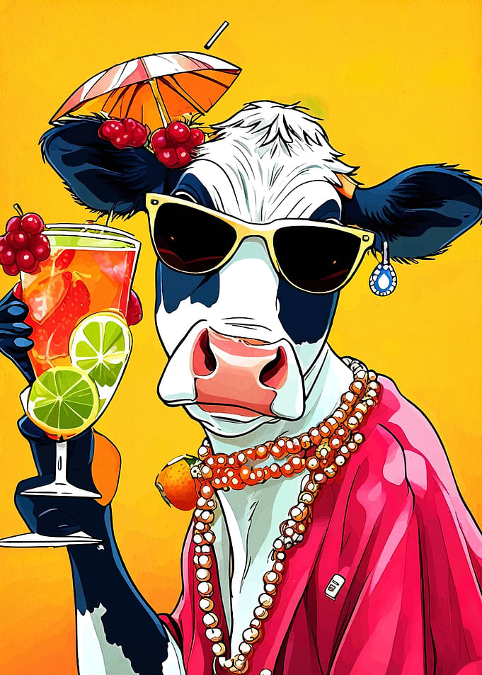 Fashionable Cow with Cocktail