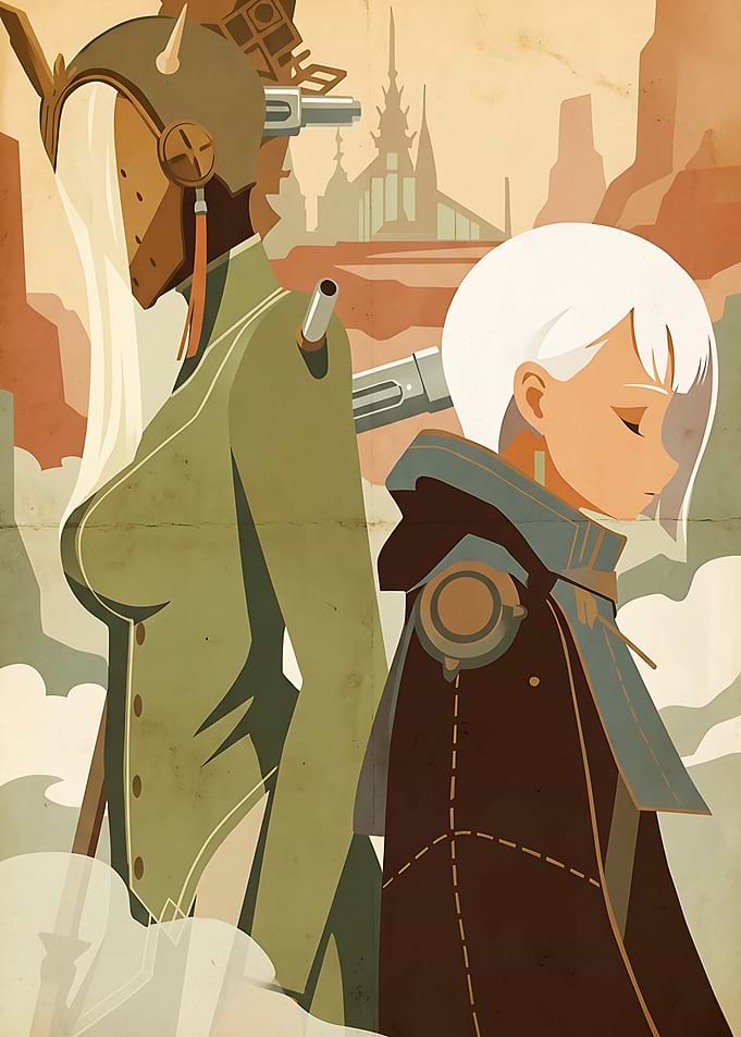 Two figures with guns in a desert landscape