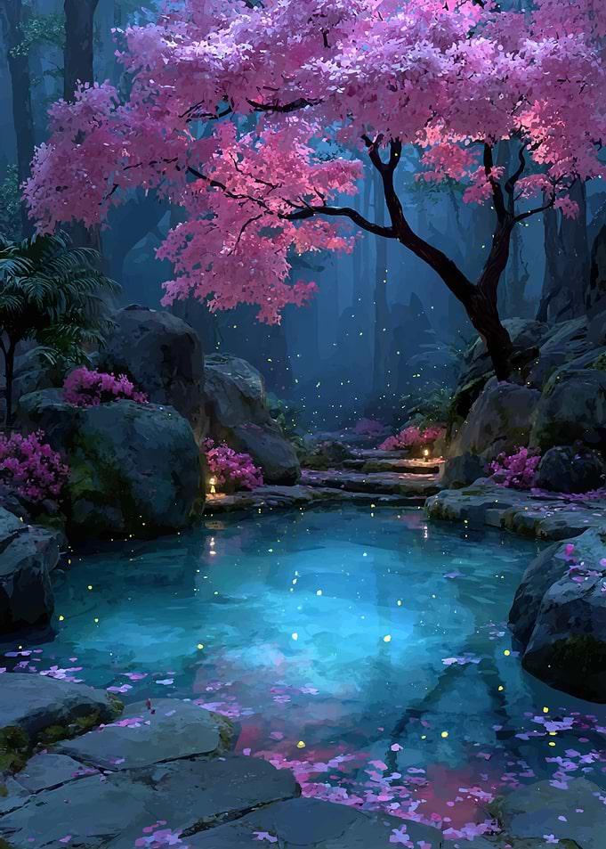 Enchanted Cherry Blossom Pond