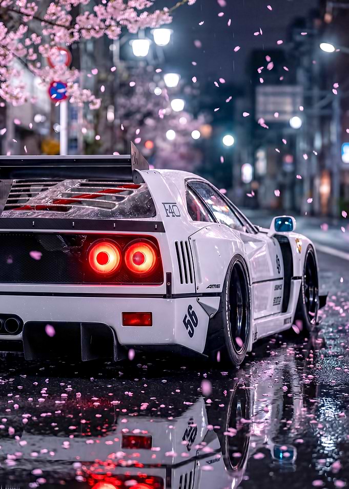 White Ferrari F40 in Cherry Blossoms