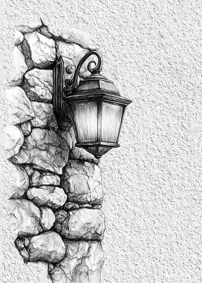 Pencil Sketch of a Vintage Lantern on a Stone Wall