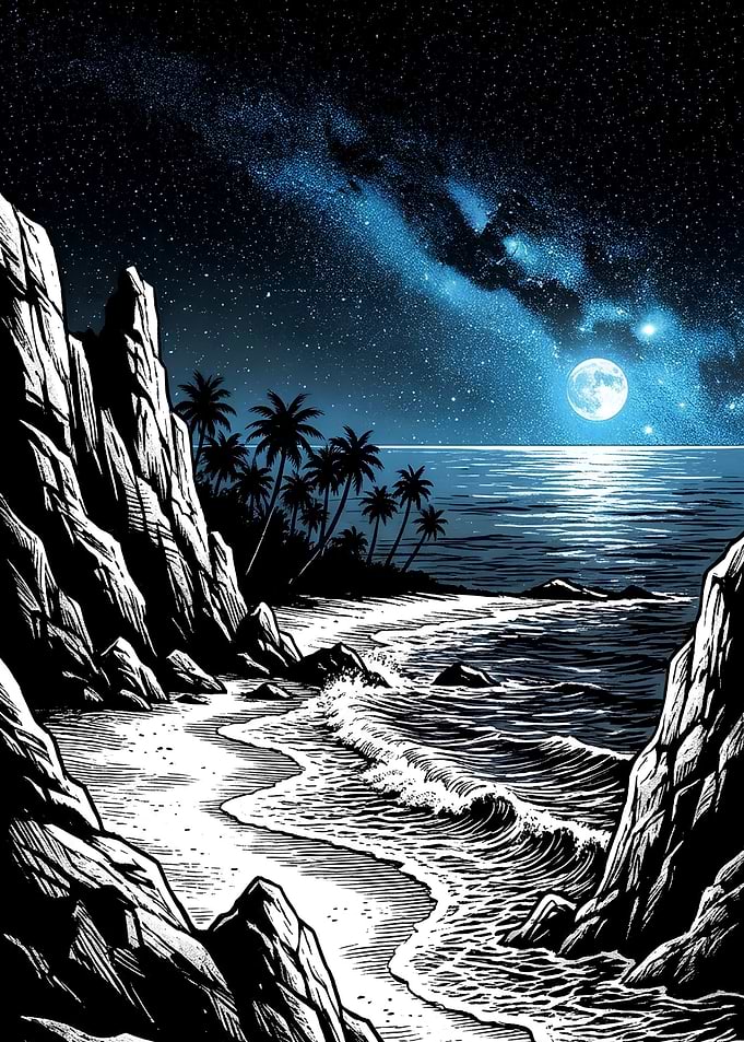 Night Beach with Milky Way and Moon