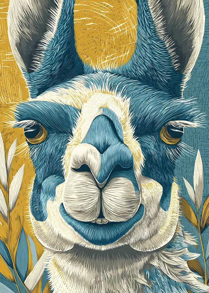 Close-up of a stylized llama face
