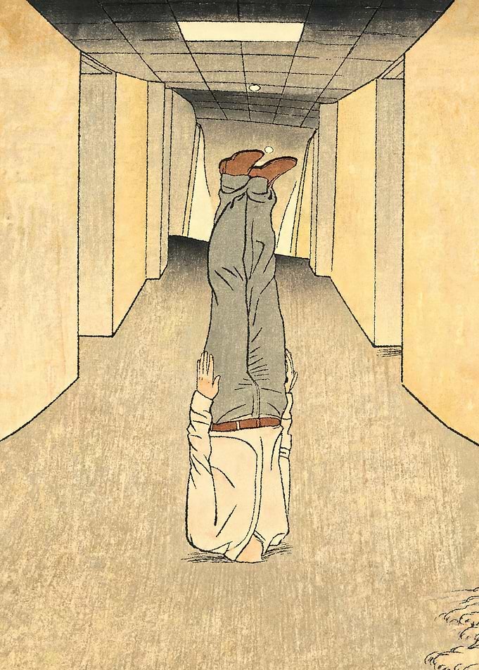 Man doing a handstand in a hallway