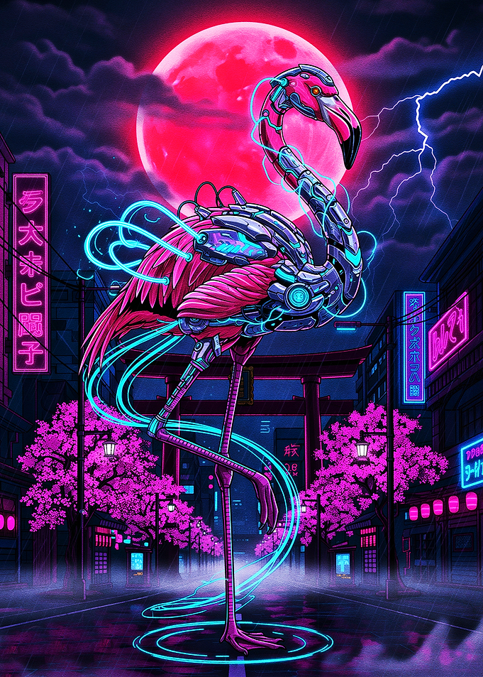 Cyberpunk Flamingo in Neon City