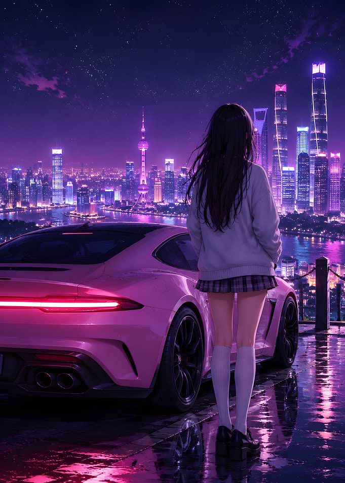 Anime Girl by Pink Car in Cityscape