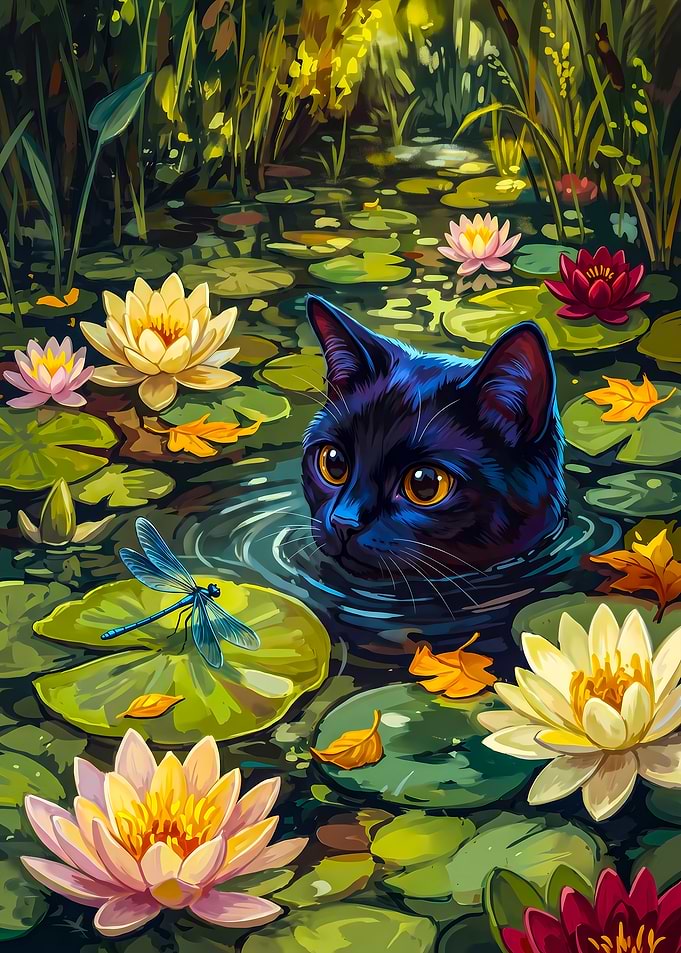 Black Cat in a Lily Pond