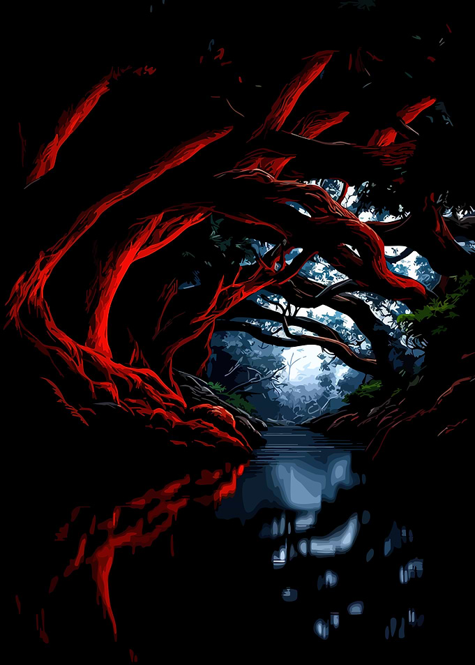 Dark Forest River with Red Trees