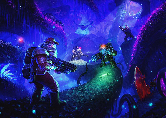 Dwarves exploring a bioluminescent cave