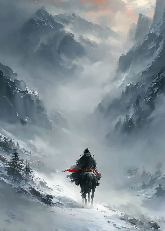 Warrior on horseback in snowy mountains