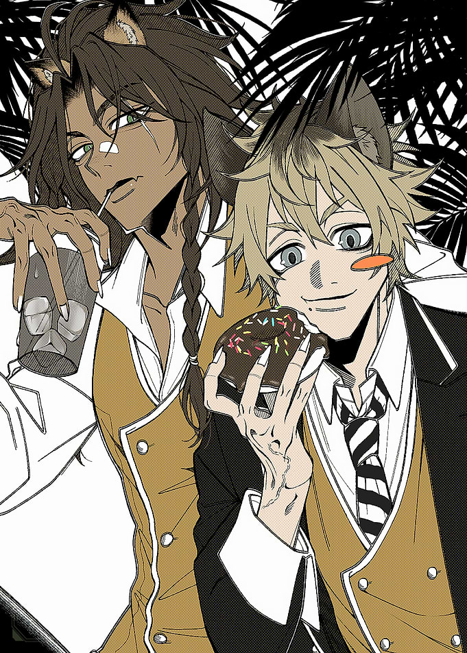 Anime characters with drinks and donuts