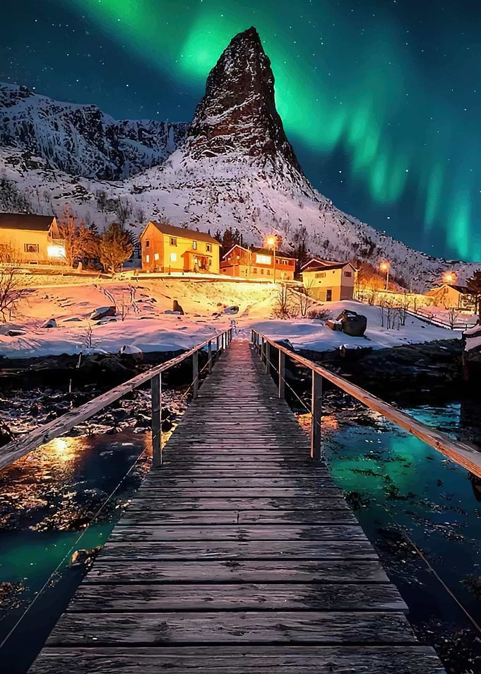 Northern Lights Over Snowy Village